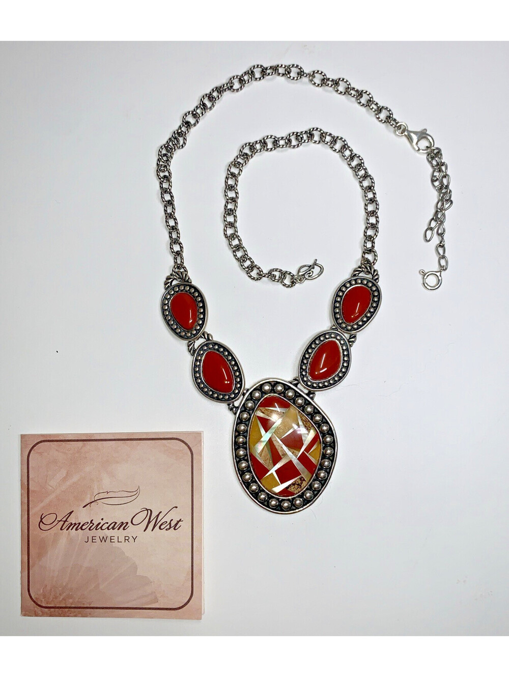 Carolyn Pollack - Sterling Necklace Red Coral & Multicolored Stone Inlay Pendant